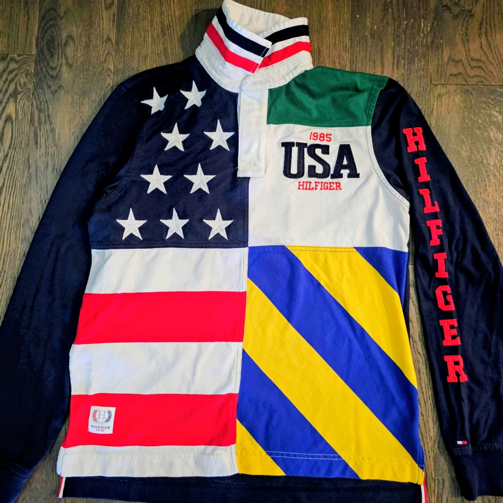 Tommy Hilfiger Rugby Long Sleeve USA Flag Men's M Slim Fit - Picture 1 of 8